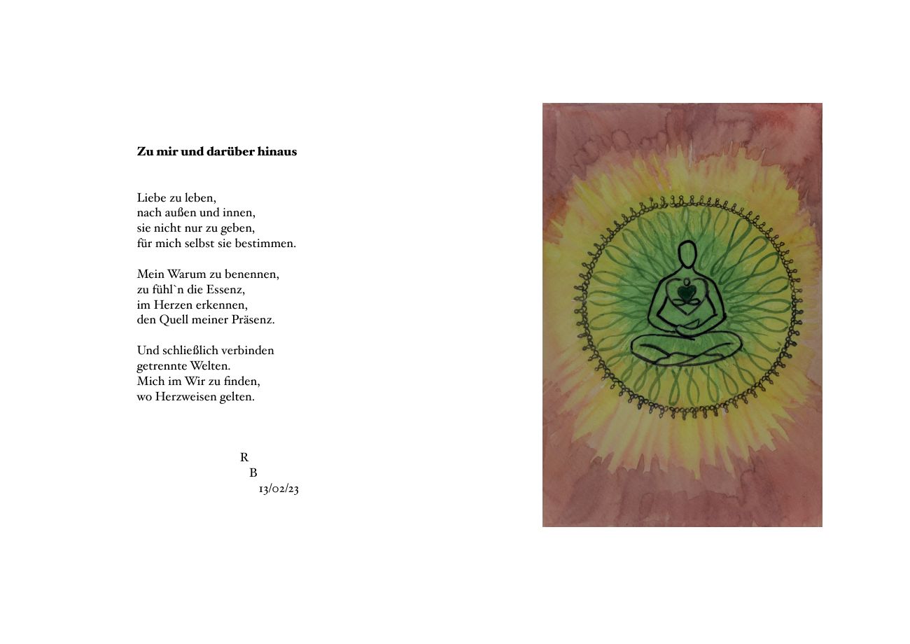 Doppelseite aus dem Buch: links das Titelgedicht in klassischer Serifenschrift, rechts ein Aquarell mit einer meditierenden Gestalt vor gelber Sonne