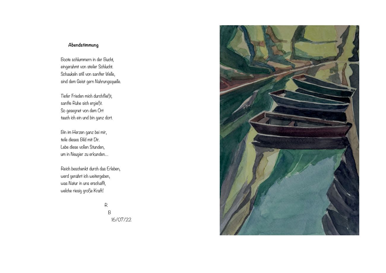 Doppelseite aus dem Buch: links das Gedicht, rechts ein Aquarell mit dunklen Booten in einer grünen Bucht