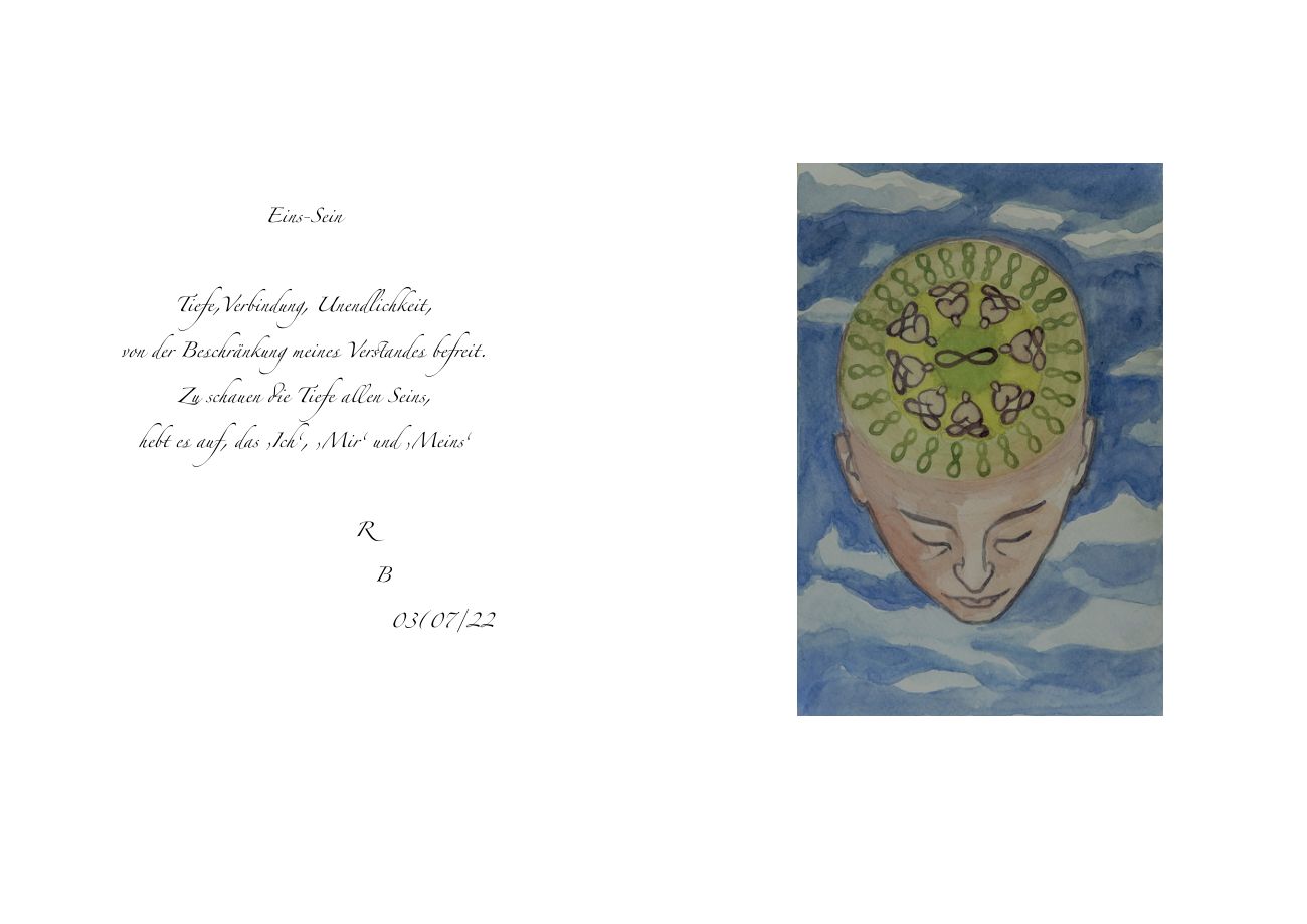 Doppelseite aus dem Buch: links das Gedicht in feiner Schreibschrift, rechts ein ruhendes Gesicht vor blauem Himmel