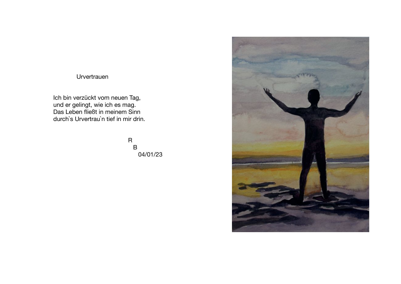 Doppelseite aus dem Buch: links das Gedicht, rechts eine Gestalt mit ausgebreiteten Armen vor Meer und Morgenlicht