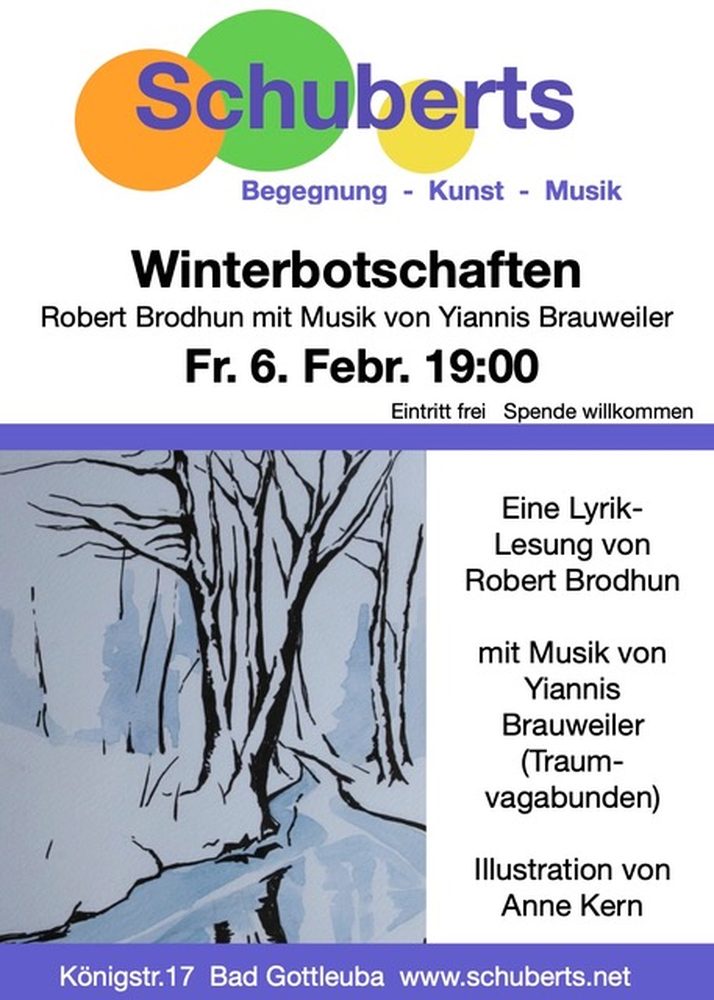 Plakat: Winterbotschaften — Lyrik-Lesung mit Musik von Yiannis Brauweiler, Schuberts Bad Gottleuba, Februar 2026